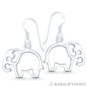 Elephant Outline Animal Charm Dangling Hook Earrings in .925 Sterling Silver
